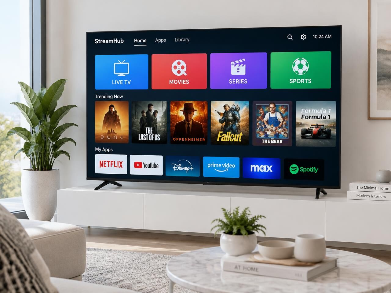 Smart TV showing live TV, movies and series